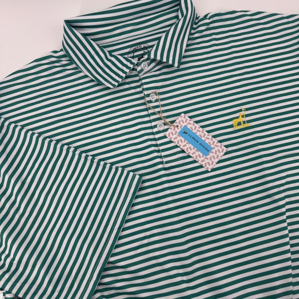Proud Ninety Mens 3X Green White Striped Golf Polo Shirt Short Sleeve NWT